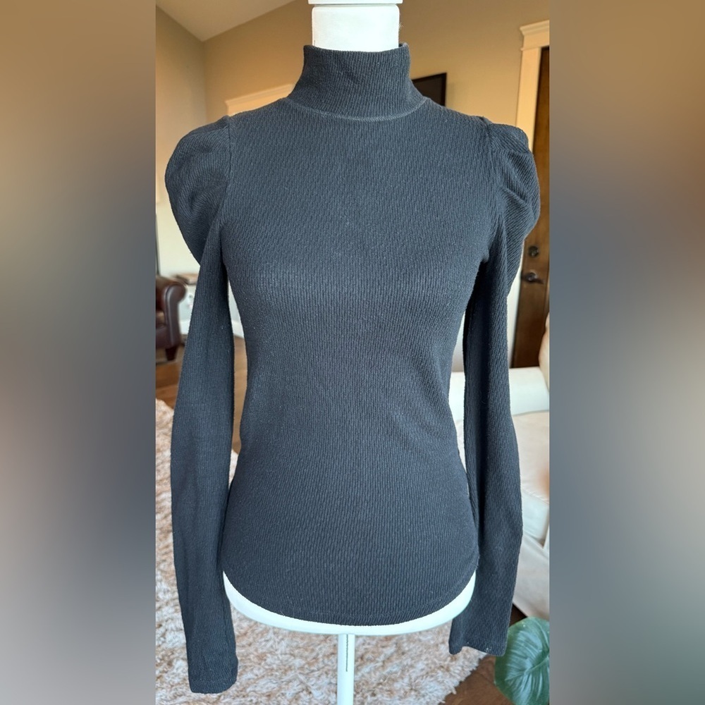 Free People XS Black Mock Neck Long Sleeve Top With Puff Sleeve - Picture 1 of 7